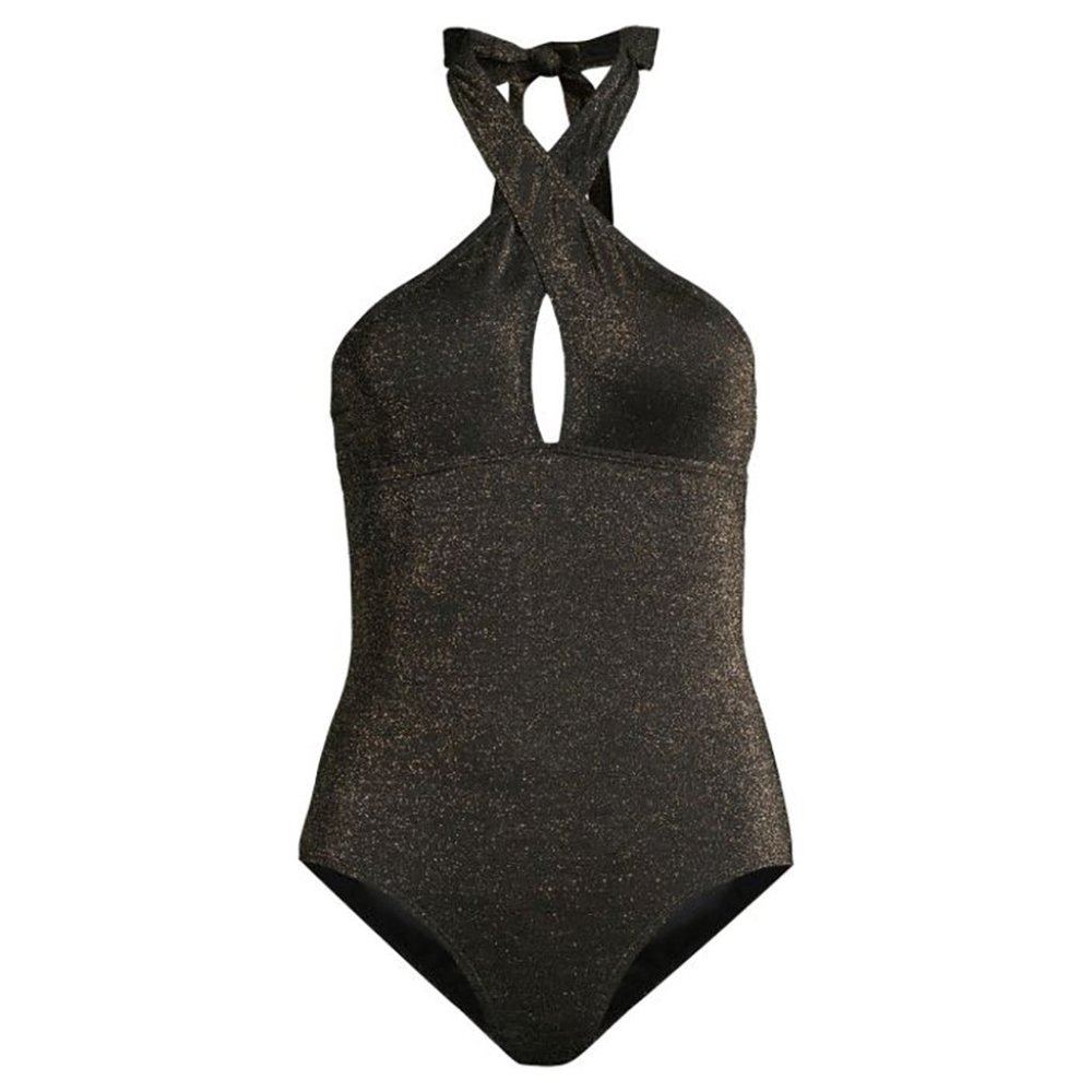 Jones New York Cross-Neck Glitter One-Piece Swimsuit Black/Gold Large